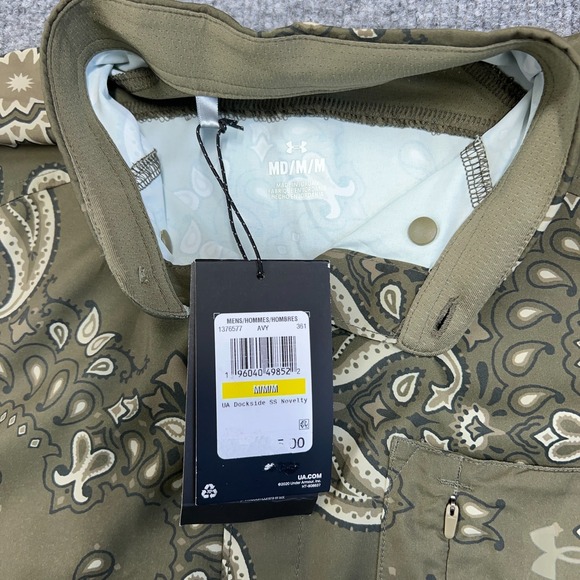 Under Armour Shirt Mens Medium Green Paisley Dockside Short Sleeve Button Up - Picture 7 of 9